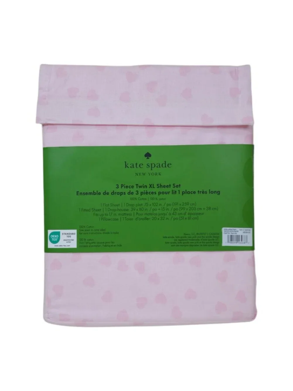 Kate Spade New York 3 Piece Twin XL Sheet Set Pink Hearts 100% Cotton